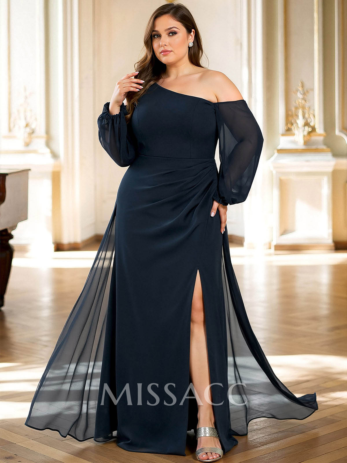 A-Line Asymmetrical Long Sleeves Floor-Length Chiffon Mother Of The Bride Dresses With High Split A-Line Asymmetrical Long Sleeves Floor-Length Chiffon Mother Of The Bride Dresses With High Split