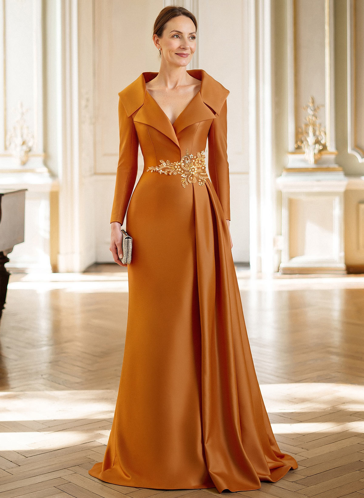 Sheath/Column V-Neck Long Sleeves Sweep Train Satin Mother Of The Bride Dresses