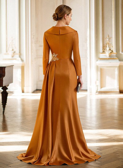 Sheath/Column V-Neck Long Sleeves Sweep Train Satin Mother Of The Bride Dresses