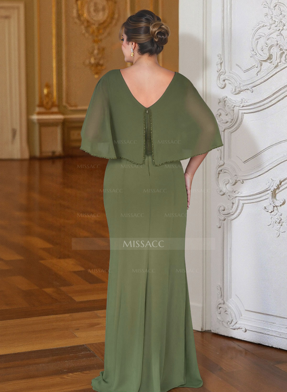Sheath Column Scoop Neck Cape Sleeves Floor-Length Chiffon Mother Of The Bride Dresses With Rhinestone Shoulder Ruffle
