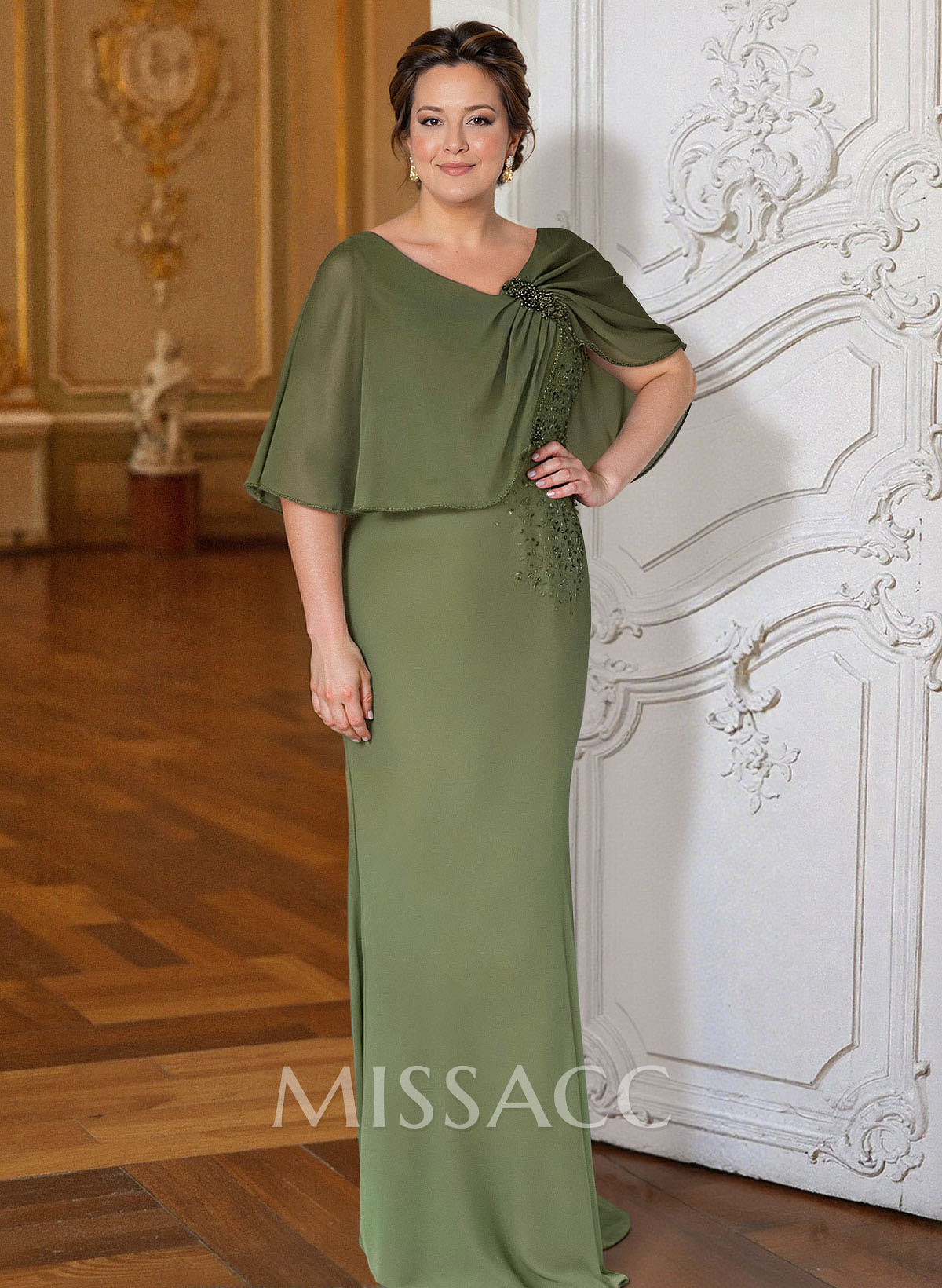 Sheath Column Scoop Neck Cape Sleeves Floor-Length Chiffon Mother Of The Bride Dresses With Rhinestone Shoulder Ruffle Sheath Column Scoop Neck Cape Sleeves Floor-Length Chiffon Mother Of The Bride Dresses With Rhinestone Shoulder Ruffle