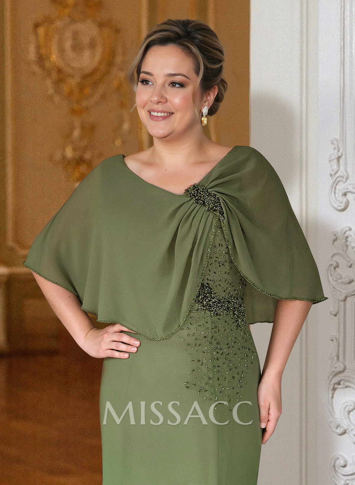 Sheath Column Scoop Neck Cape Sleeves Floor-Length Chiffon Mother Of The Bride Dresses With Rhinestone Shoulder Ruffle Sheath Column Scoop Neck Cape Sleeves Floor-Length Chiffon Mother Of The Bride Dresses With Rhinestone Shoulder Ruffle
