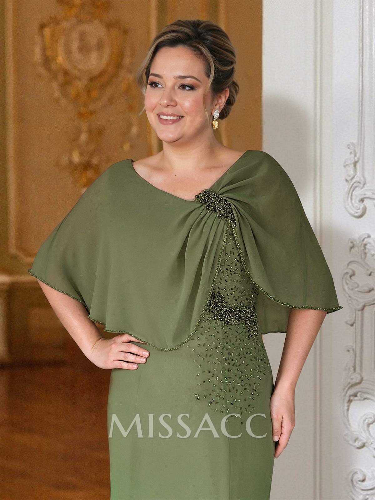 Sheath Column Scoop Neck Cape Sleeves Floor-Length Chiffon Mother Of The Bride Dresses With Rhinestone Shoulder Ruffle