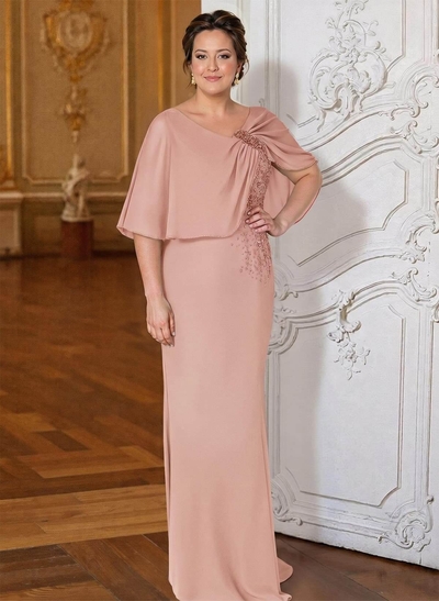 Sheath Column Scoop Neck Cape Sleeve Floor-Length Chiffon Mother Of The Bride Dress With Diamante Shoulder Ruffles