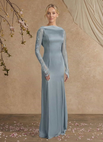 Sheath/Column Long Sleeves Sweep Train Crepe Satin Mother Of The Bride Dresses With Appliques Lace