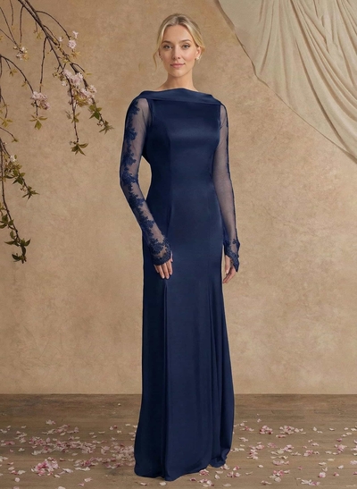 Sheath/Column Long Sleeves Sweep Train Crepe Satin Mother Of The Bride Dresses With Appliques Lace