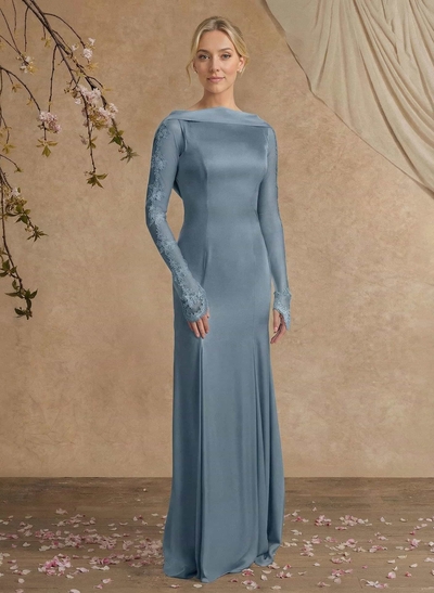 Sheath/Column Long Sleeves Sweep Train Crepe Satin Mother Of The Bride Dresses With Appliques Lace