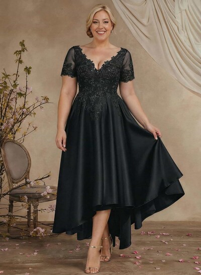 A-Line V-Neck Long Sleeves Asymmetrical Satin Mother Of The Bride Dresses With Appliques Lace