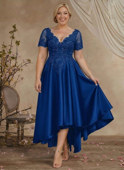 A-Line V-Neck Long Sleeves Asymmetrical Satin Mother Of The Bride Dresses With Appliques Lace