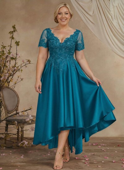 A-Line V-Neck Long Sleeves Asymmetrical Satin Mother Of The Bride Dresses With Appliques Lace