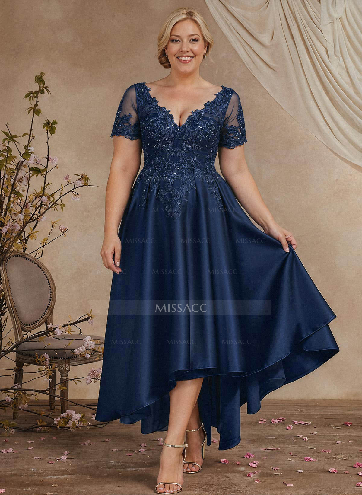 A-Line V-Neck Long Sleeves Asymmetrical Satin Mother Of The Bride Dresses With Appliques Lace