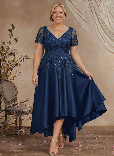 A-Line V-Neck Long Sleeves Asymmetrical Satin Mother Of The Bride Dresses With Appliques Lace