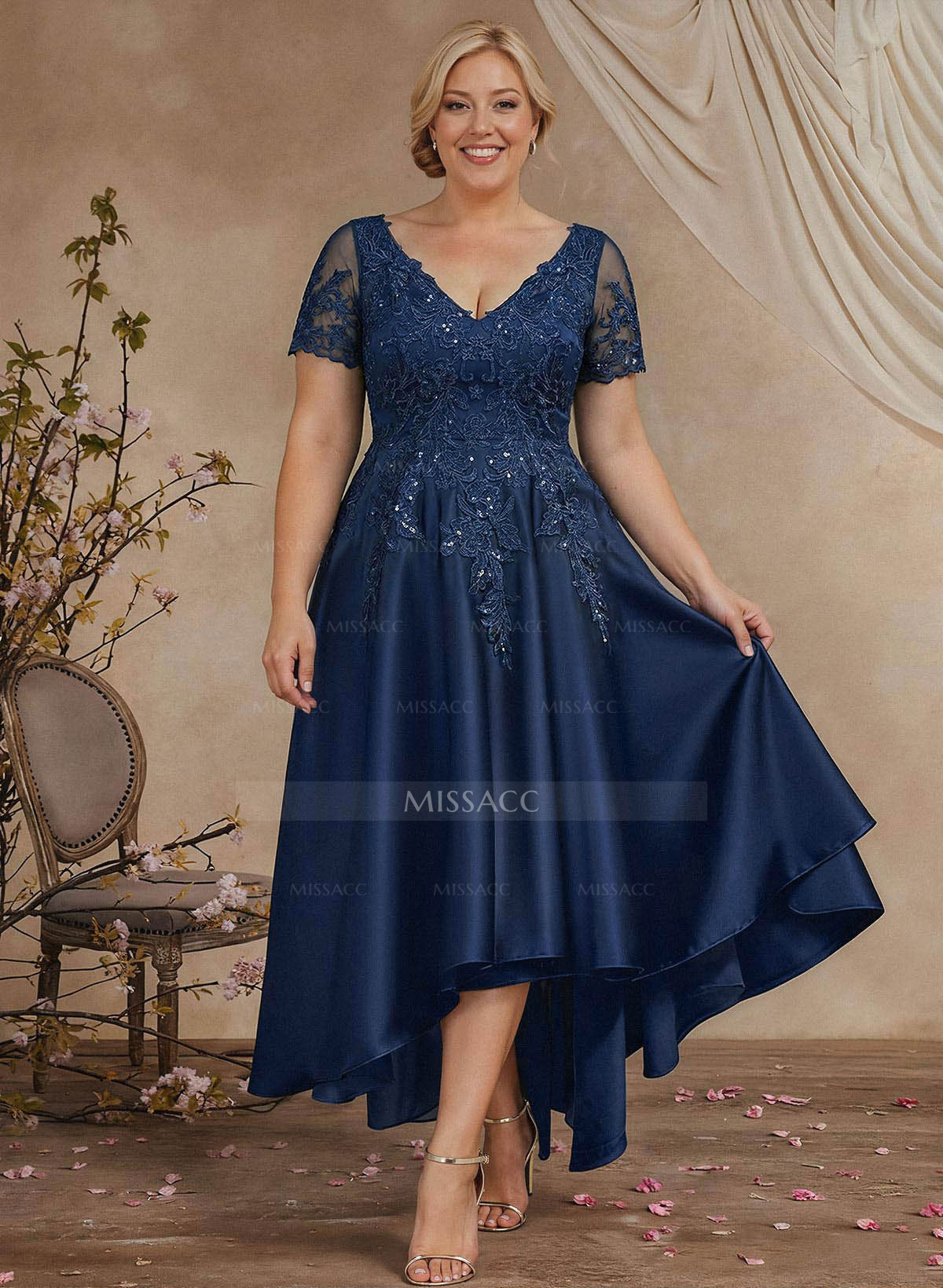 A-Line V-Neck Long Sleeves Asymmetrical Satin Mother Of The Bride Dresses With Appliques Lace