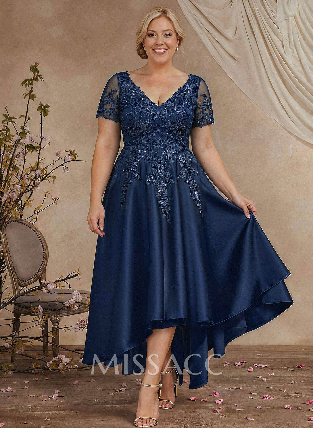 A-Line V-Neck Long Sleeves Asymmetrical Satin Mother Of The Bride Dresses With Appliques Lace