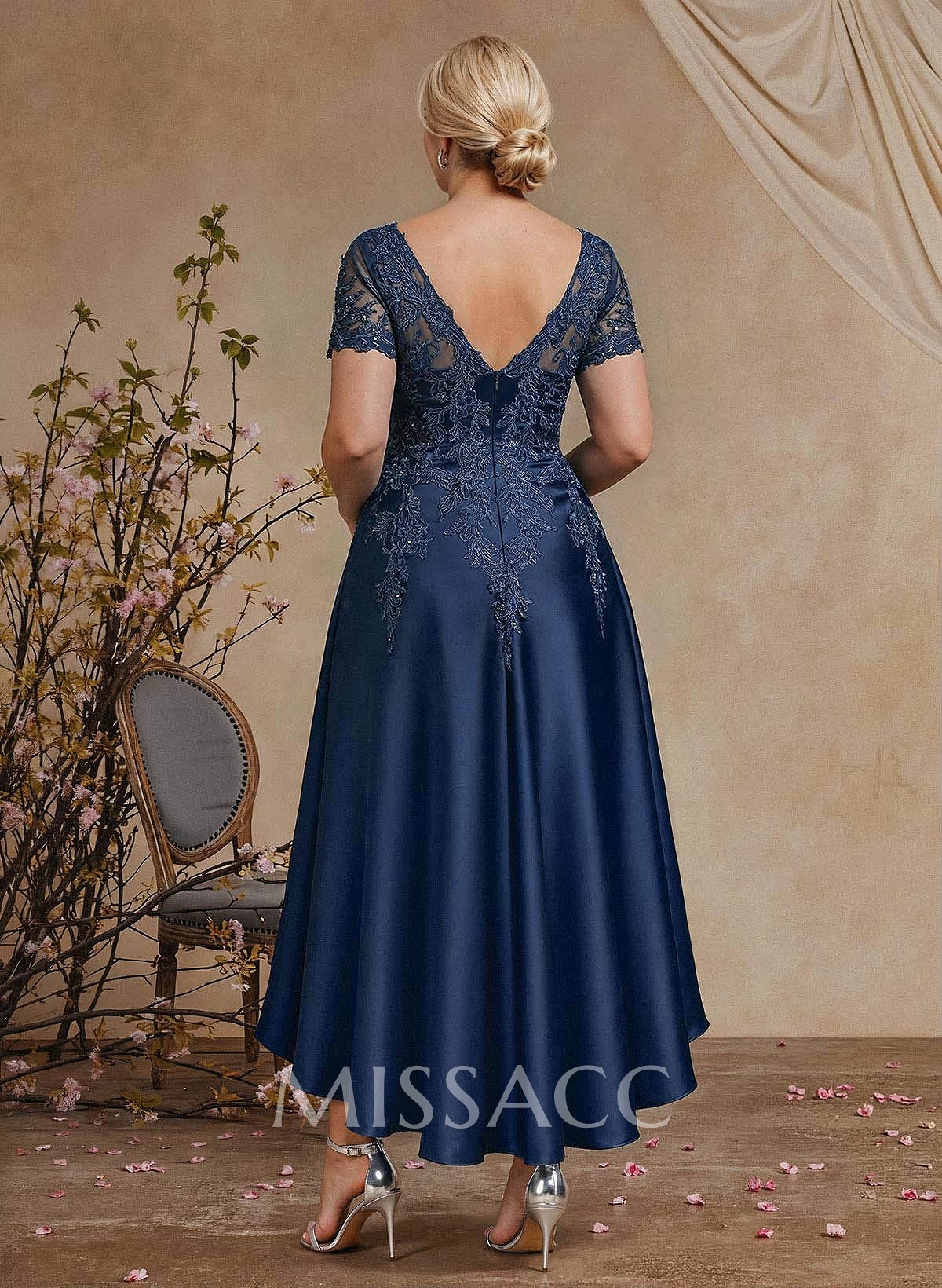 A-Line V-Neck Long Sleeves Asymmetrical Satin Mother Of The Bride Dresses With Appliques Lace