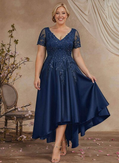 A-Line V-Neck Long Sleeves Asymmetrical Satin Mother Of The Bride Dresses With Appliques Lace