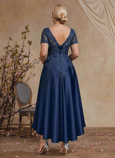 A-Line V-Neck Long Sleeves Asymmetrical Satin Mother Of The Bride Dresses With Appliques Lace
