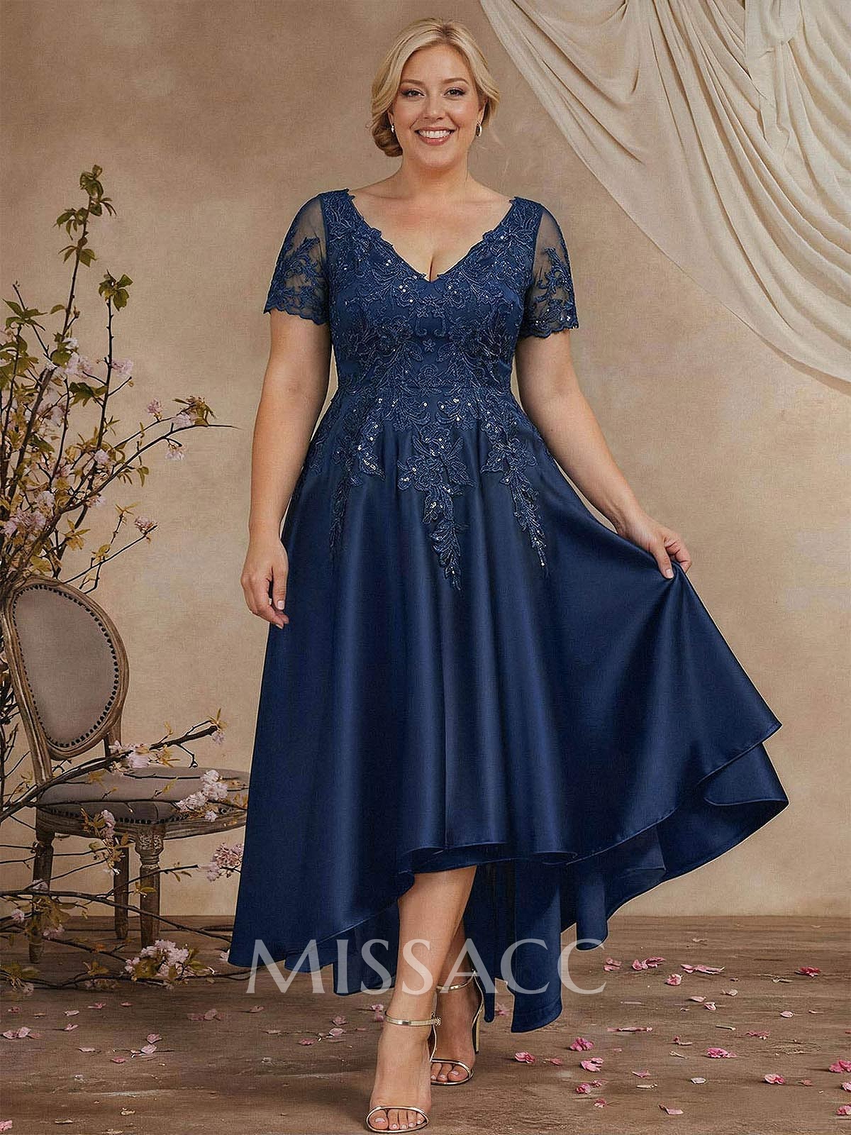 A-Line V-Neck Long Sleeves Asymmetrical Satin Mother Of The Bride Dresses With Appliques Lace