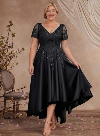 A-Line V-Neck Long Sleeves Asymmetrical Satin Mother Of The Bride Dresses With Appliques Lace