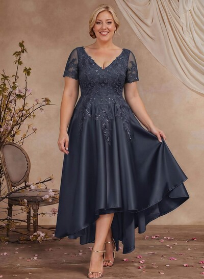 A-Line V-Neck Long Sleeves Asymmetrical Satin Mother Of The Bride Dresses With Appliques Lace