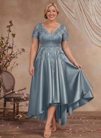 A-Line V-Neck Long Sleeves Asymmetrical Satin Mother Of The Bride Dresses With Appliques Lace