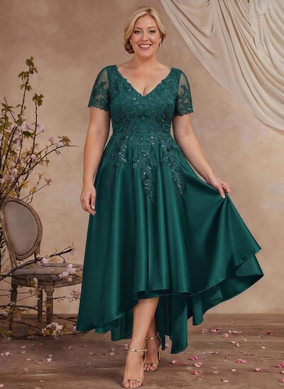 A-Line V-Neck Long Sleeves Asymmetrical Satin Mother Of The Bride Dresses With Appliques Lace