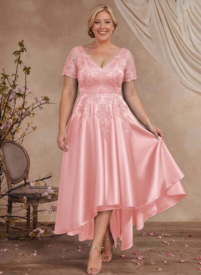 A-Line V-Neck Long Sleeves Asymmetrical Satin Mother Of The Bride Dresses With Appliques Lace