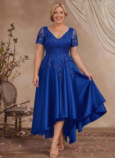 A-Line V-Neck Long Sleeves Asymmetrical Satin Mother Of The Bride Dresses With Appliques Lace