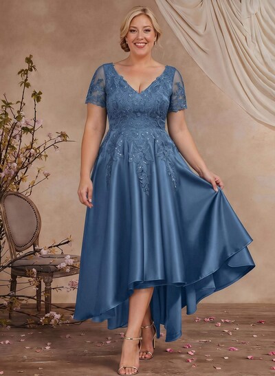 A-Line V-Neck Long Sleeves Asymmetrical Satin Mother Of The Bride Dresses With Appliques Lace