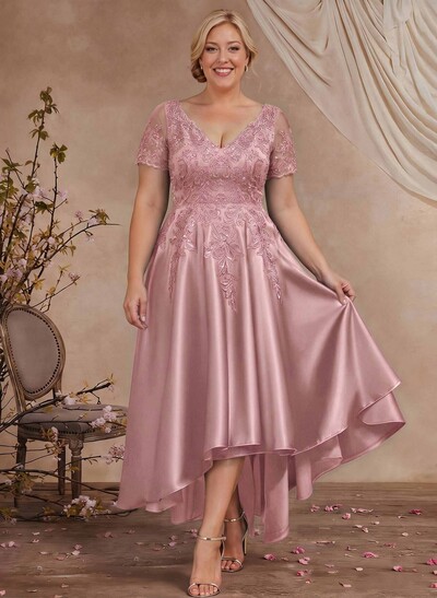 A-Line V-Neck Long Sleeves Asymmetrical Satin Mother Of The Bride Dresses With Appliques Lace