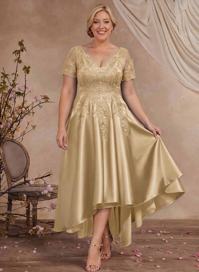 A-Line V-Neck Long Sleeves Asymmetrical Satin Mother Of The Bride Dresses With Appliques Lace