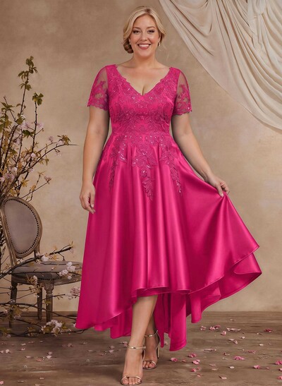 A-Line V-Neck Long Sleeves Asymmetrical Satin Mother Of The Bride Dresses With Appliques Lace