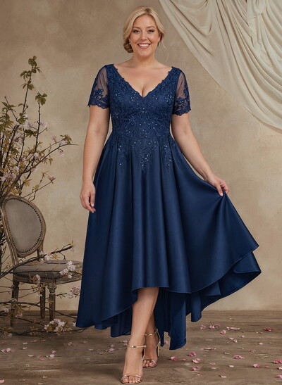 A-Line V-Neck Long Sleeve Asymmetric Satin Mother Of The Bride Dress With Lace Appliqués