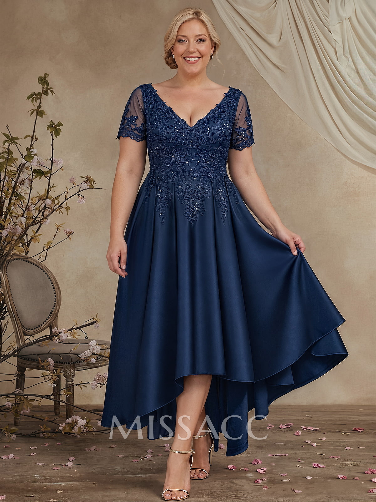 A-Line V-Neck Long Sleeve Asymmetrical Satin Mother Of The Bride Dress With Lace Appliques