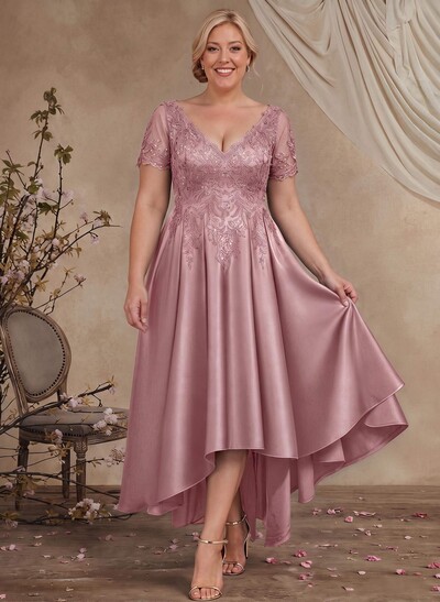 A-Line V-Neck Long Sleeves Asymmetrical Satin Mother Of The Bride Dresses With Appliques Lace