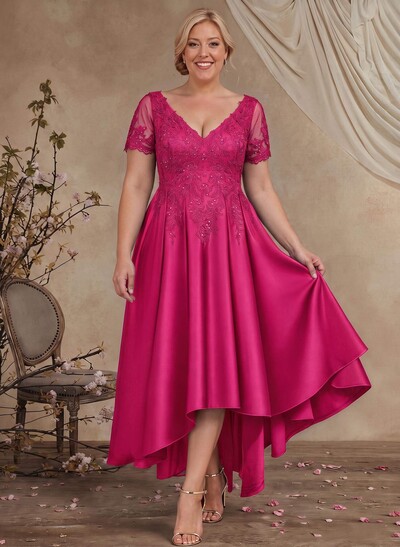 A-Line V-Neck Long Sleeves Asymmetrical Satin Mother Of The Bride Dresses With Appliques Lace