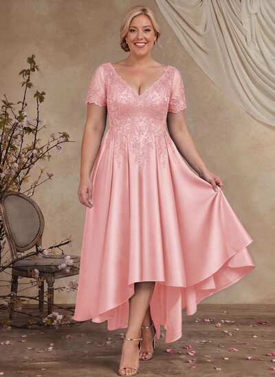 A-Line V-Neck Long Sleeves Asymmetrical Satin Mother Of The Bride Dresses With Appliques Lace