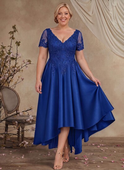 A-Line V-Neck Long Sleeves Asymmetrical Satin Mother Of The Bride Dresses With Appliques Lace