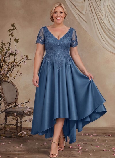 A-Line V-Neck Long Sleeve Asymmetric Satin Mother Of The Bride Dress With Lace Appliqués