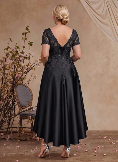 A-Line V-Neck Long Sleeve Asymmetric Satin Mother Of The Bride Dress With Lace Appliqués