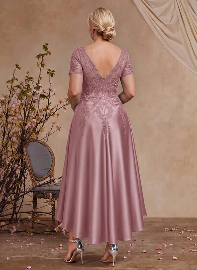 A-Line V-Neck Long Sleeves Asymmetrical Satin Mother Of The Bride Dresses With Appliques Lace