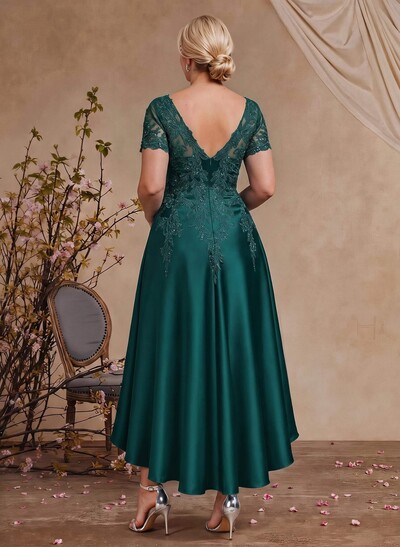 A-Line V-Neck Long Sleeves Asymmetrical Satin Mother Of The Bride Dresses With Appliques Lace