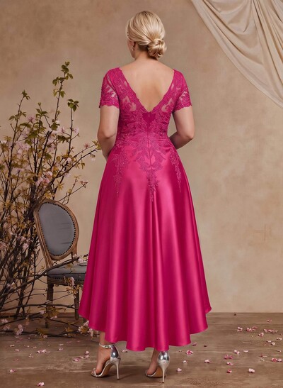 A-Line V-Neck Long Sleeves Asymmetrical Satin Mother Of The Bride Dresses With Appliques Lace