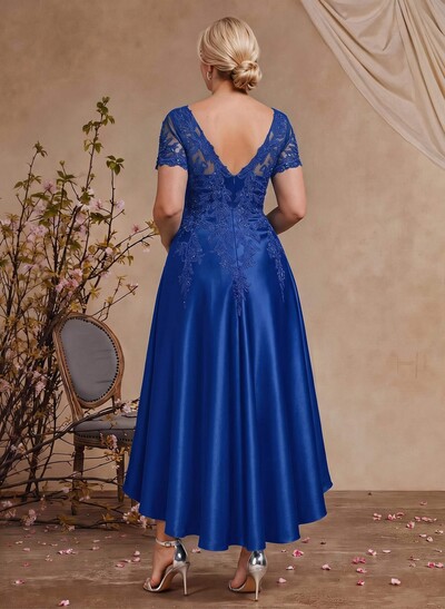 A-Line V-Neck Long Sleeves Asymmetrical Satin Mother Of The Bride Dresses With Appliques Lace