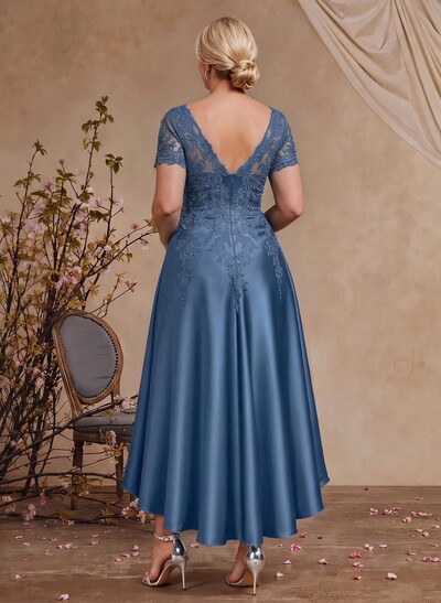 A-Line V-Neck Long Sleeve Asymmetric Satin Mother Of The Bride Dress With Lace Appliqués