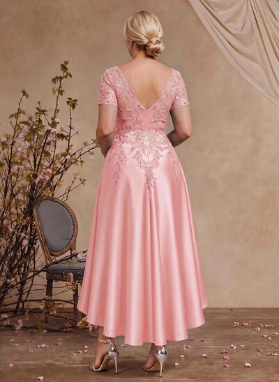 A-Line V-Neck Long Sleeves Asymmetrical Satin Mother Of The Bride Dresses With Appliques Lace