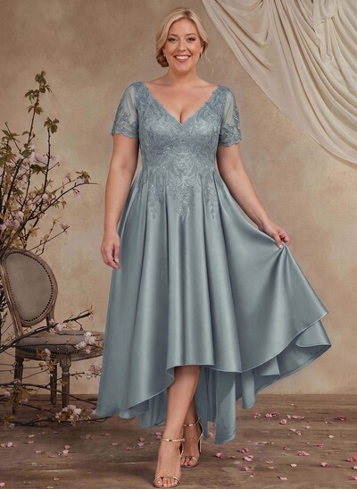 A-Line V-Neck Long Sleeves Asymmetrical Satin Mother Of The Bride Dresses With Appliques Lace