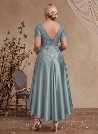 A-Line V-Neck Long Sleeves Asymmetrical Satin Mother Of The Bride Dresses With Appliques Lace