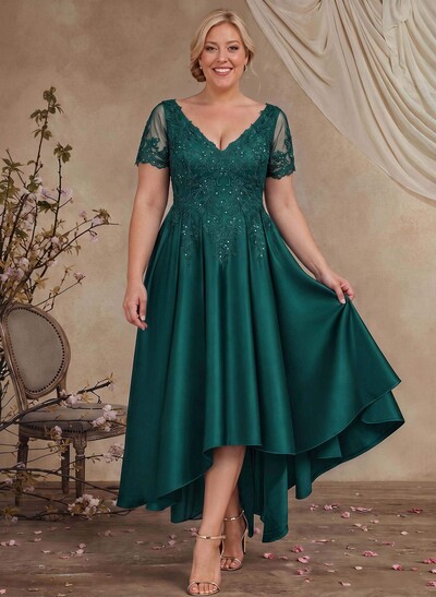 A-Line V-Neck Long Sleeves Asymmetrical Satin Mother Of The Bride Dresses With Appliques Lace