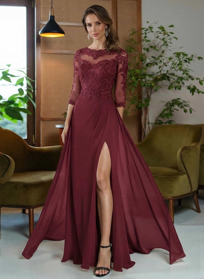 Sheath/Column Scoop Neck Floor-Length Chiffon Mother Of The Bride Dresses With Appliques Lace/High Split